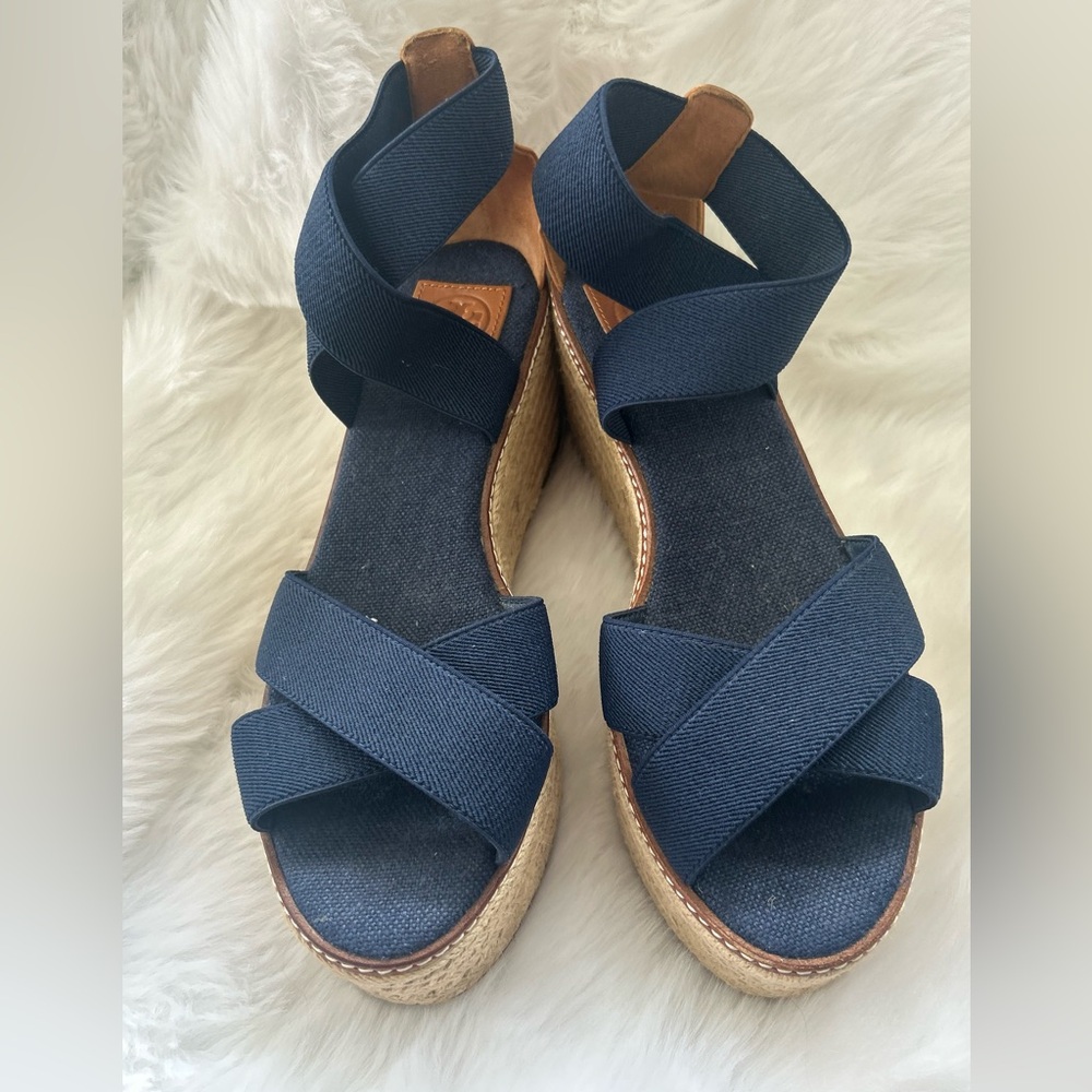 Tory Burch Frieda Espadrille 3.25” Platform Wedge Royal Blue Gold Tan Size 9